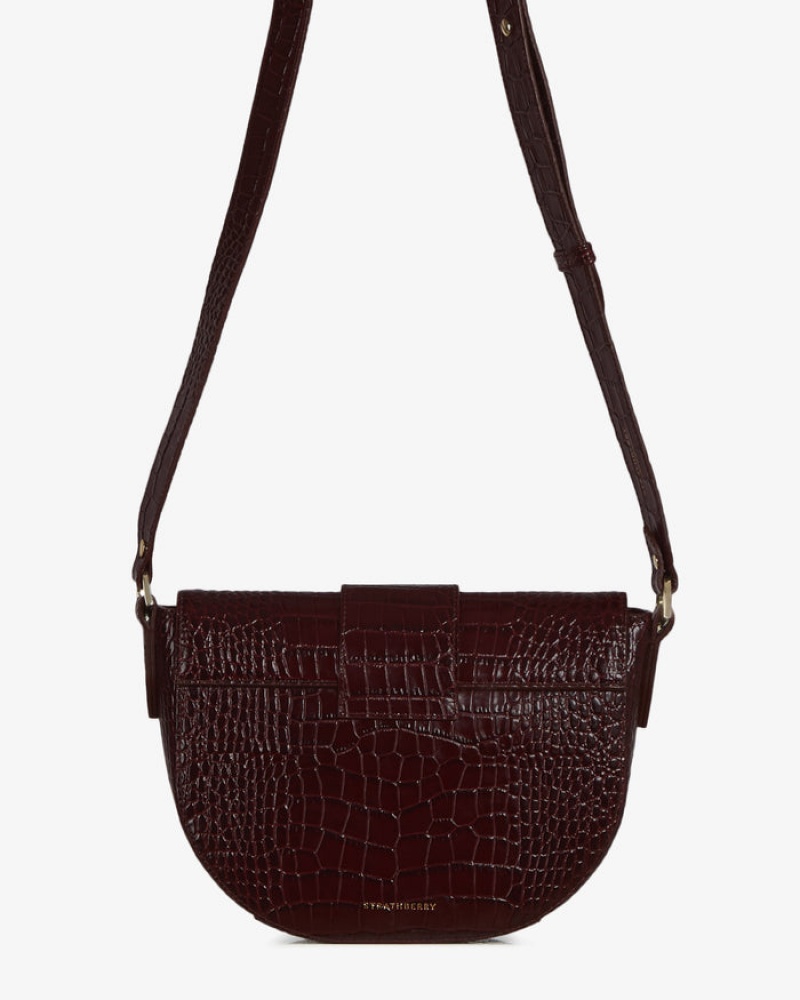 Burgundy Strathberry Crescent Satchel Croc-Embossed Leather Shoulder Bag | UK GVIT-95820