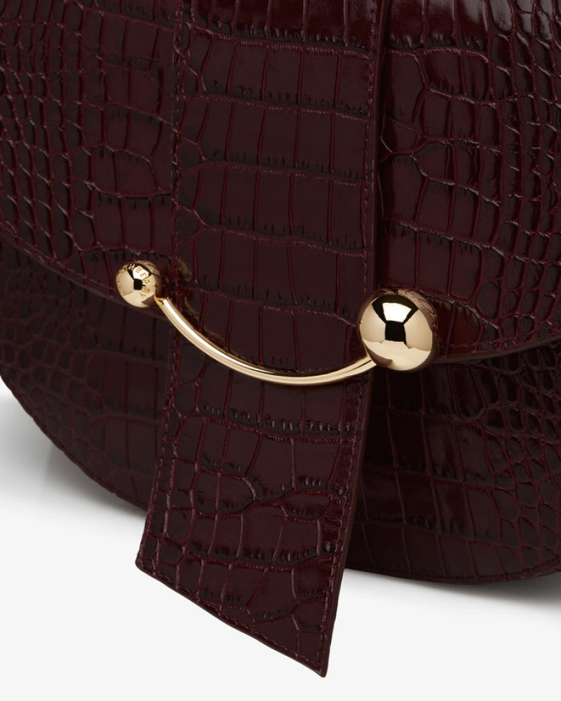 Burgundy Strathberry Crescent Satchel Croc-Embossed Leather Shoulder Bag | UK GVIT-95820