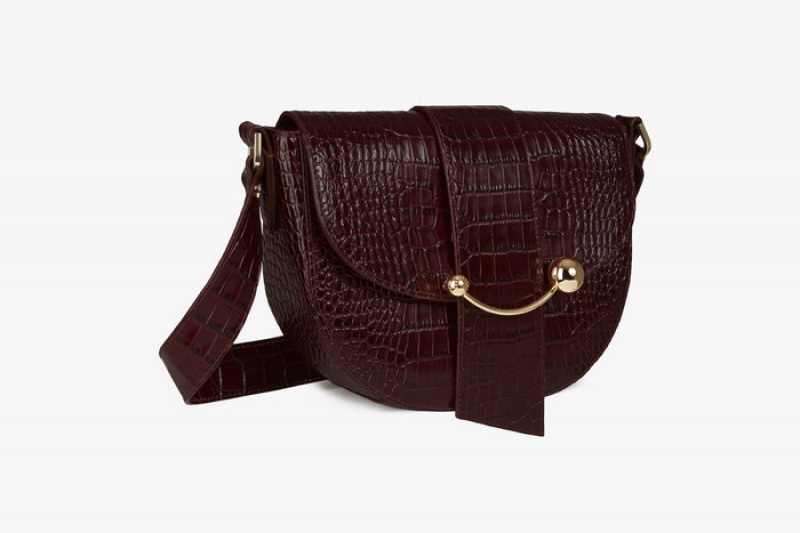 Burgundy Strathberry Crescent Satchel Croc-Embossed Leather Shoulder Bag | UK GVIT-95820