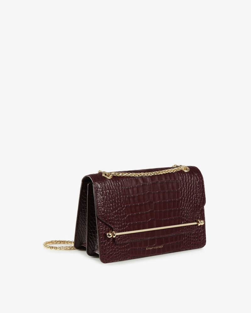 Burgundy Strathberry East/West Croc-Embossed Leather Shoulder Bag | UK QHWS-72194