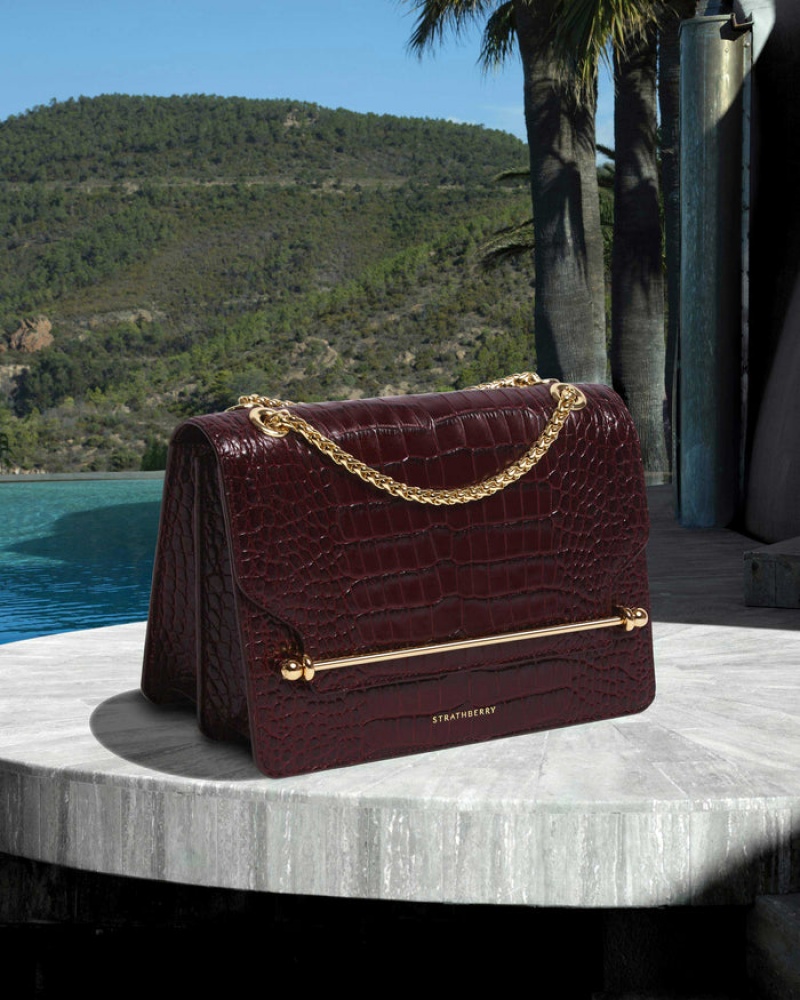 Burgundy Strathberry East/West Croc-Embossed Leather Shoulder Bag | UK QHWS-72194