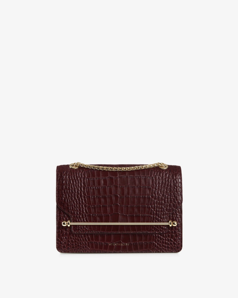 Burgundy Strathberry East/West Croc-Embossed Leather Shoulder Bag | UK QHWS-72194