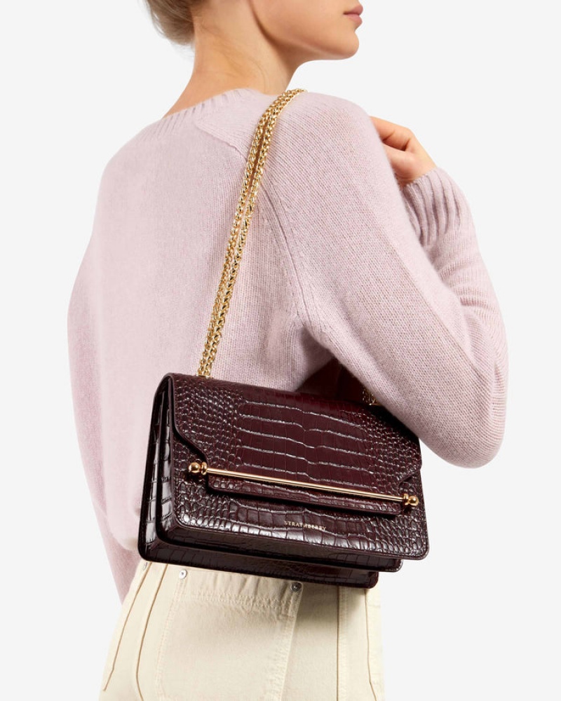 Burgundy Strathberry East/West Croc-Embossed Leather Crossbody Bag | UK KDHM-60297