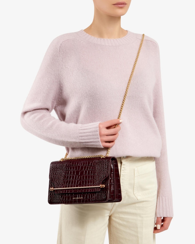 Burgundy Strathberry East/West Croc-Embossed Leather Crossbody Bag | UK KDHM-60297