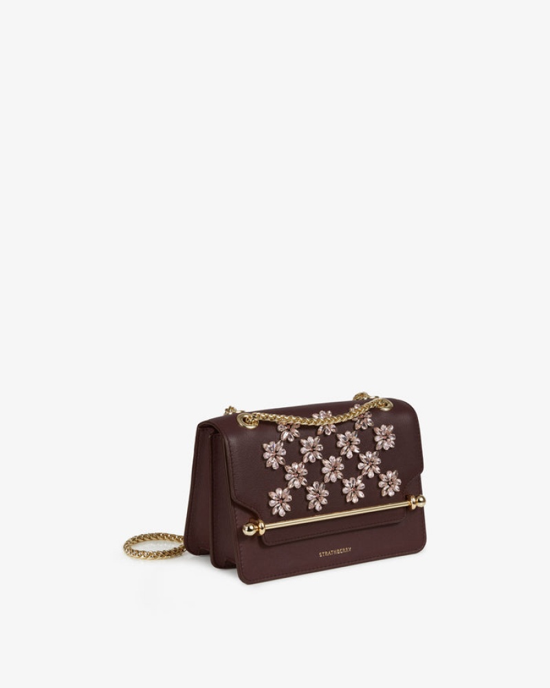 Burgundy Strathberry East/West Floral Beading Embroidery Mini Bag | UK PWKQ-17285