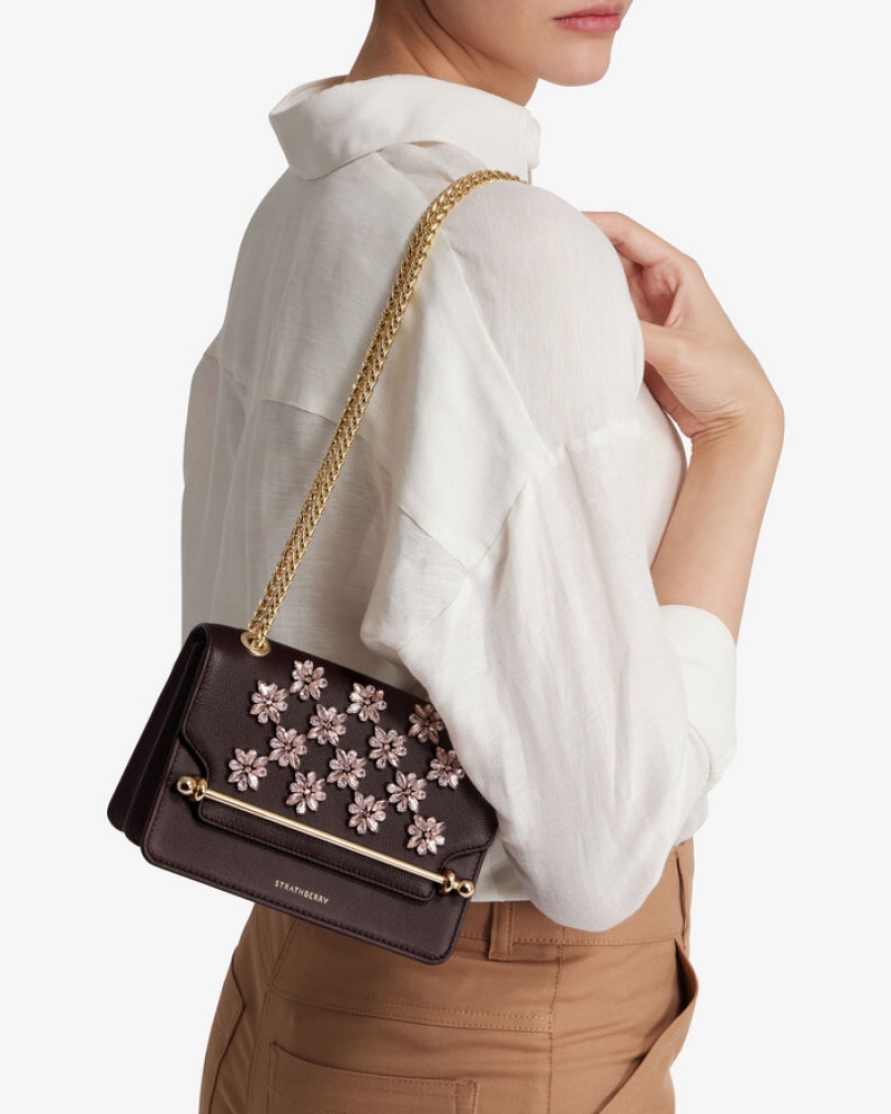 Burgundy Strathberry East/West Floral Beading Embroidery Mini Bag | UK PWKQ-17285