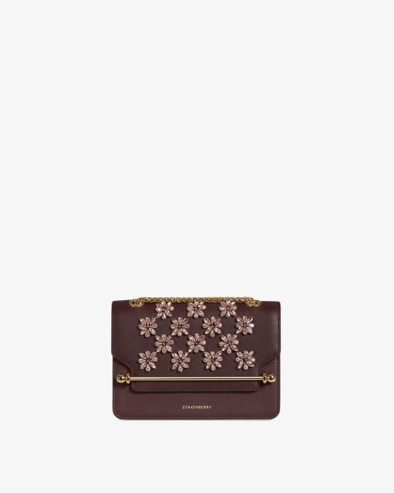 Burgundy Strathberry East/West Floral Beading Embroidery Mini Bag | UK PWKQ-17285