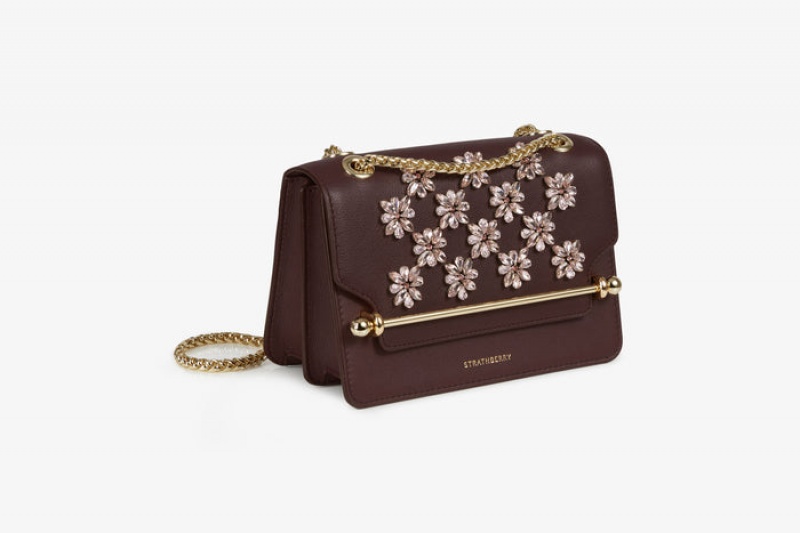 Burgundy Strathberry East/West Mini Floral Beading Embroidery Shoulder Bag | UK HENC-67430