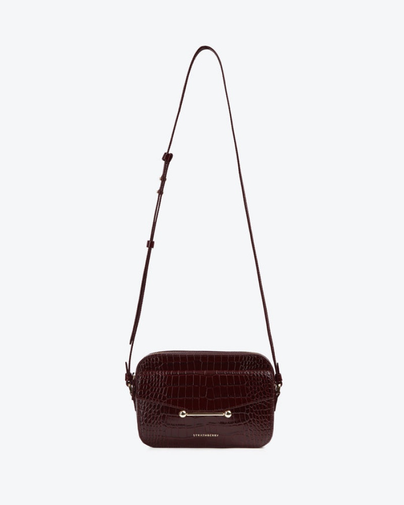 Burgundy Strathberry Mosaic Camera Croc-Embossed Leather Shoulder Bag | UK VAXQ-27135