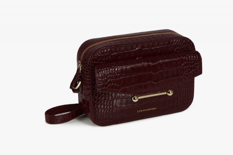 Burgundy Strathberry Mosaic Camera Croc-Embossed Leather Shoulder Bag | UK VAXQ-27135