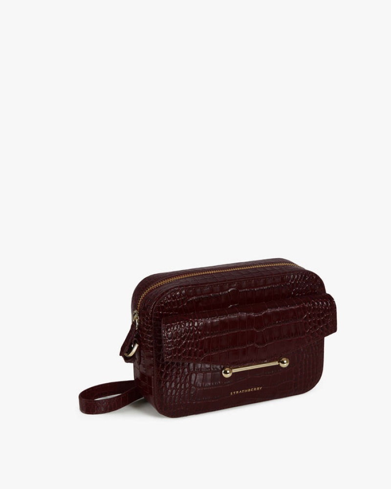 Burgundy Strathberry Mosaic Camera Croc-Embossed Leather Mini Bag | UK LWIY-29653