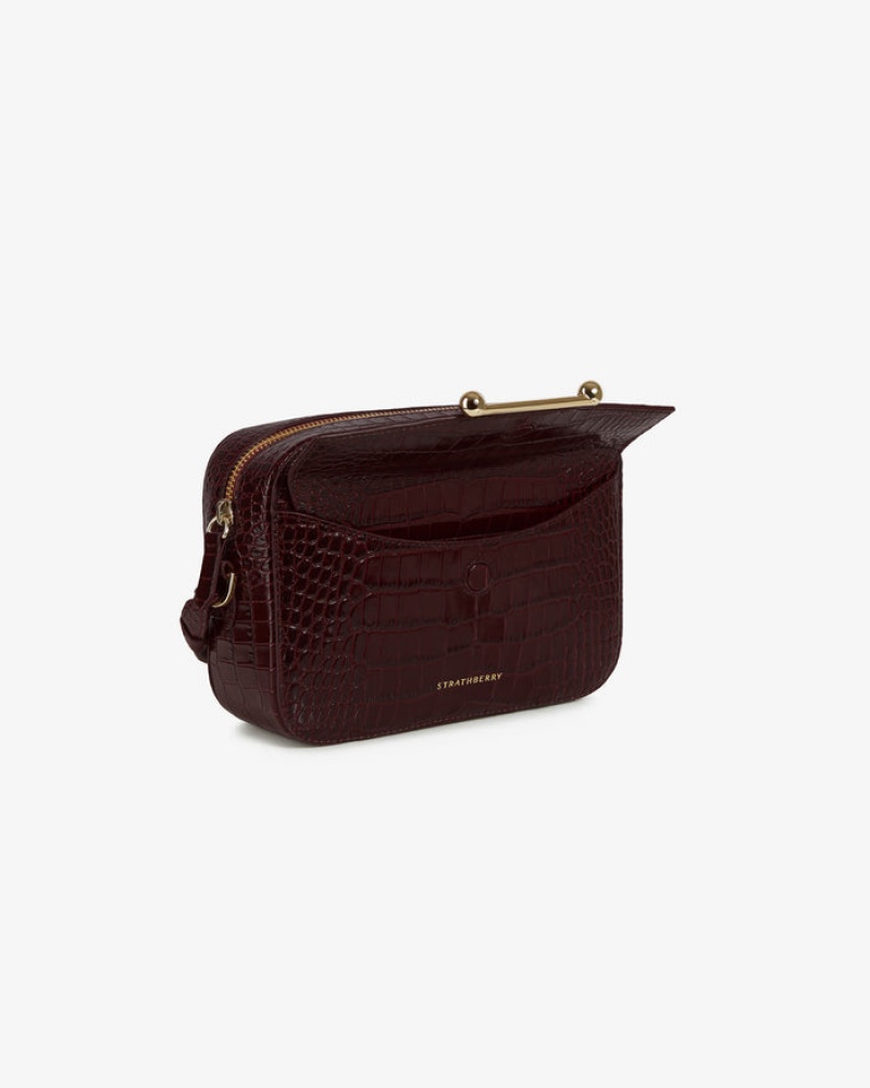 Burgundy Strathberry Mosaic Camera Croc-Embossed Leather Mini Bag | UK LWIY-29653