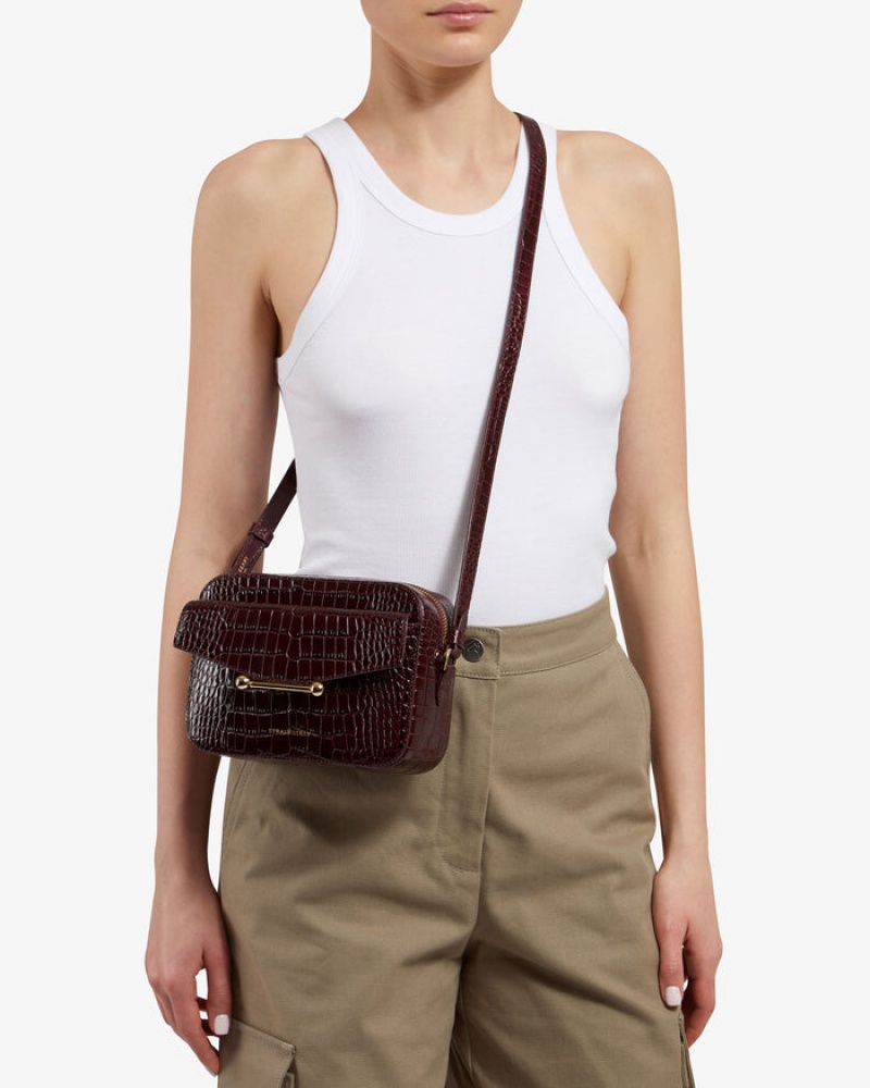 Burgundy Strathberry Mosaic Camera Croc-Embossed Leather Crossbody Bag | UK KMEY-19362