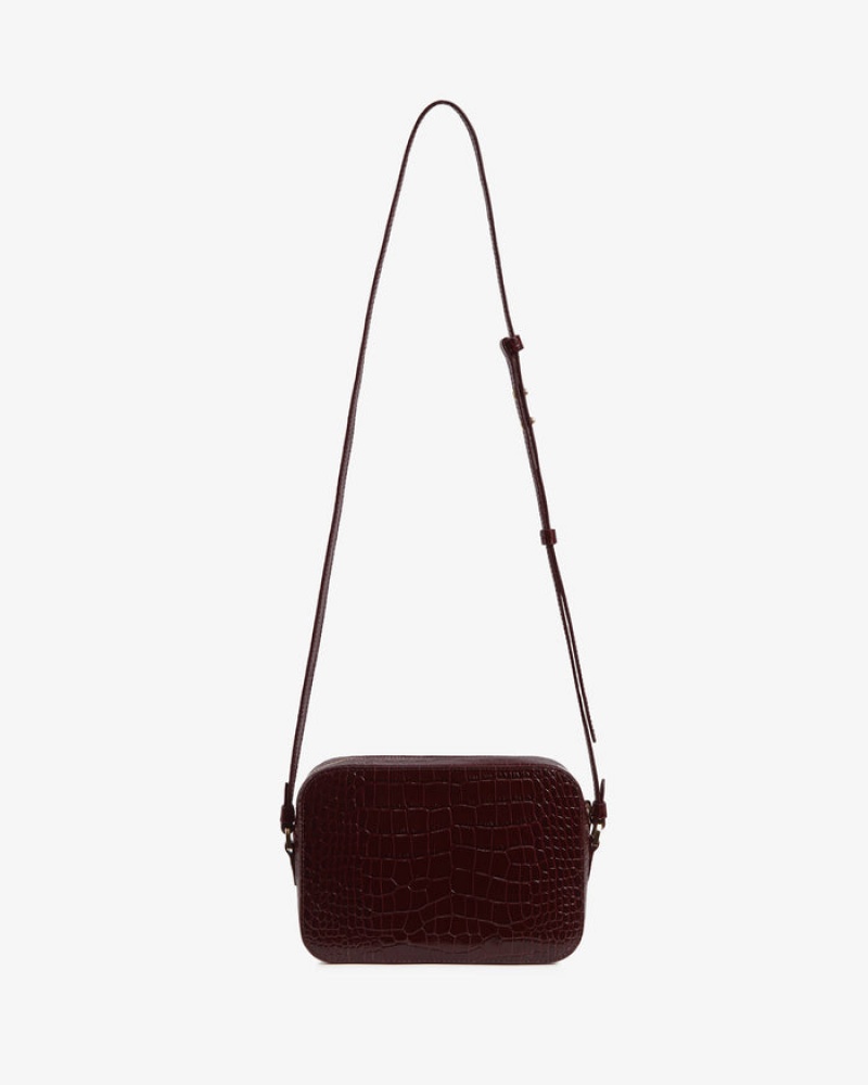 Burgundy Strathberry Mosaic Camera Croc-Embossed Leather Crossbody Bag | UK KMEY-19362