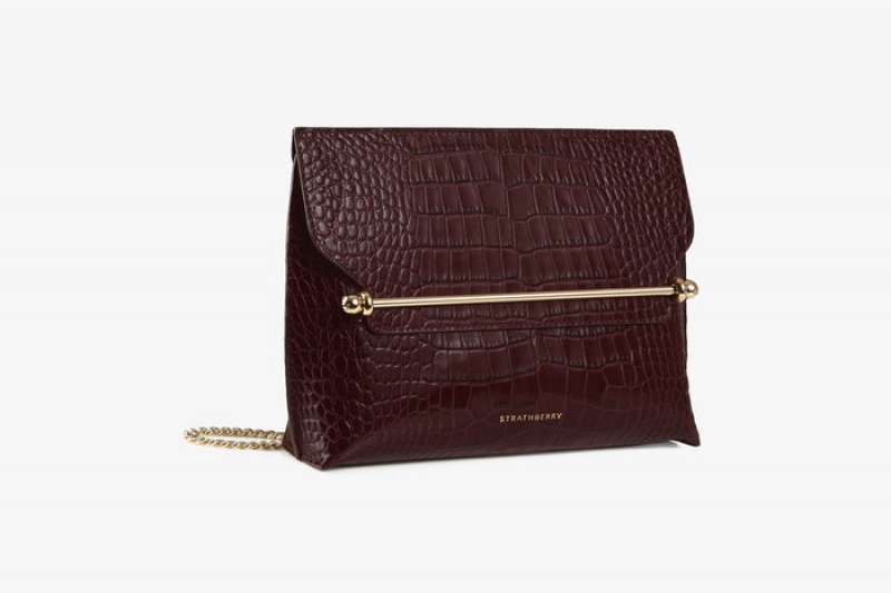 Burgundy Strathberry Stylist Croc-Embossed Leather Crossbody Bag | UK QYWR-04786