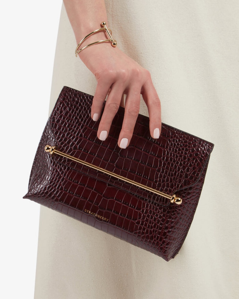 Burgundy Strathberry Stylist Croc-Embossed Leather Clutch Bag | UK OIGX-32704