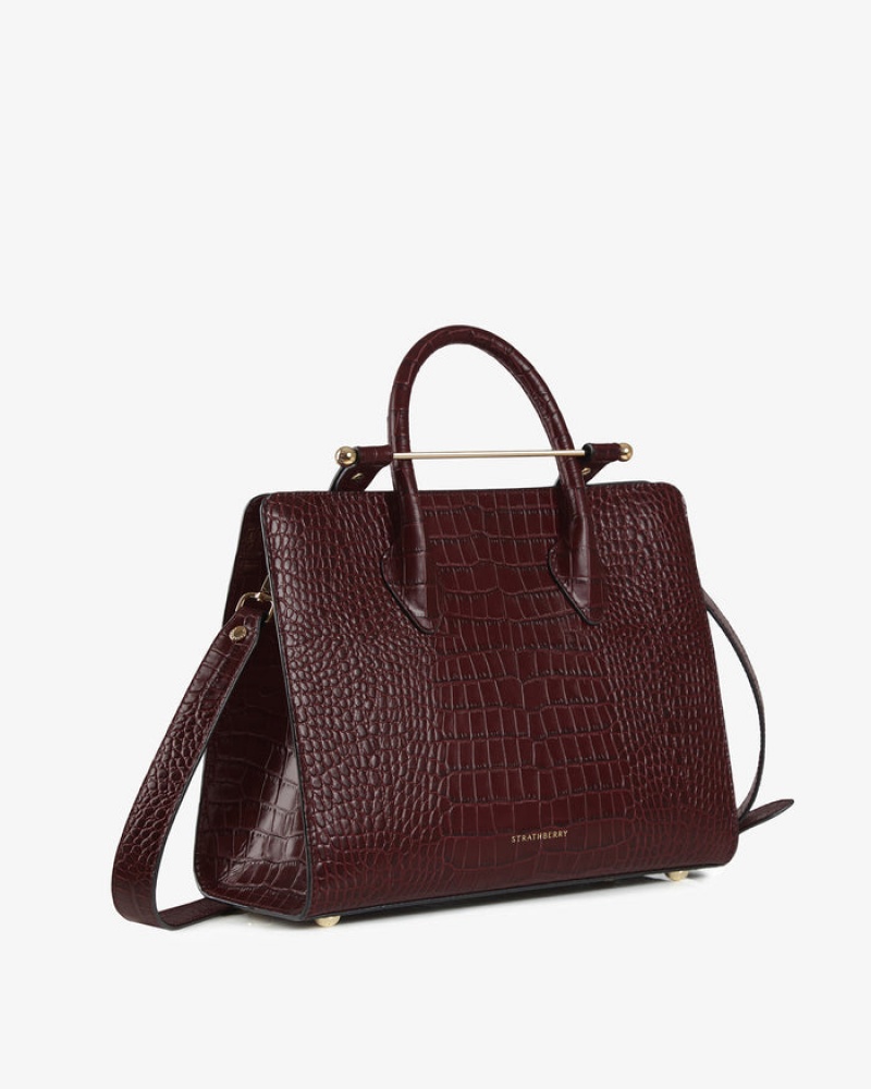 Burgundy Strathberry The Midi Tote Croc-Embossed Leather Crossbody Bag | UK XUNS-64187