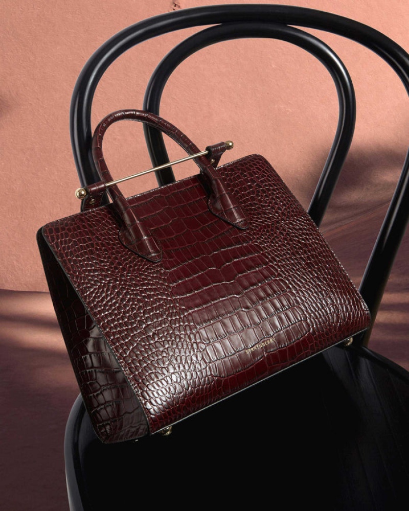 Burgundy Strathberry The Midi Tote Croc-Embossed Leather Crossbody Bag | UK XUNS-64187