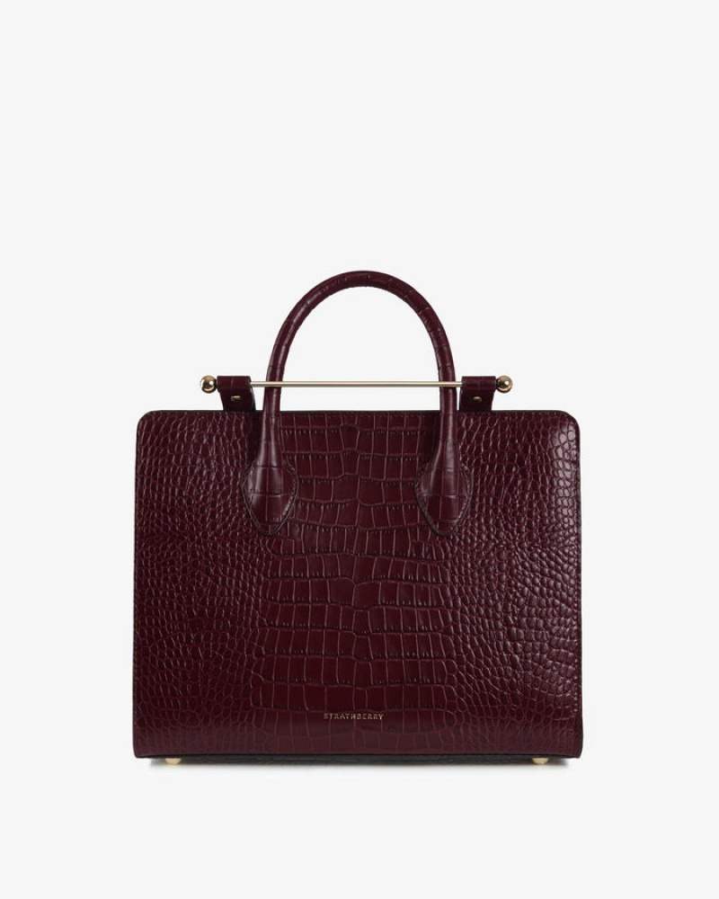 Burgundy Strathberry The Midi Tote Croc-Embossed Leather Crossbody Bag | UK XUNS-64187