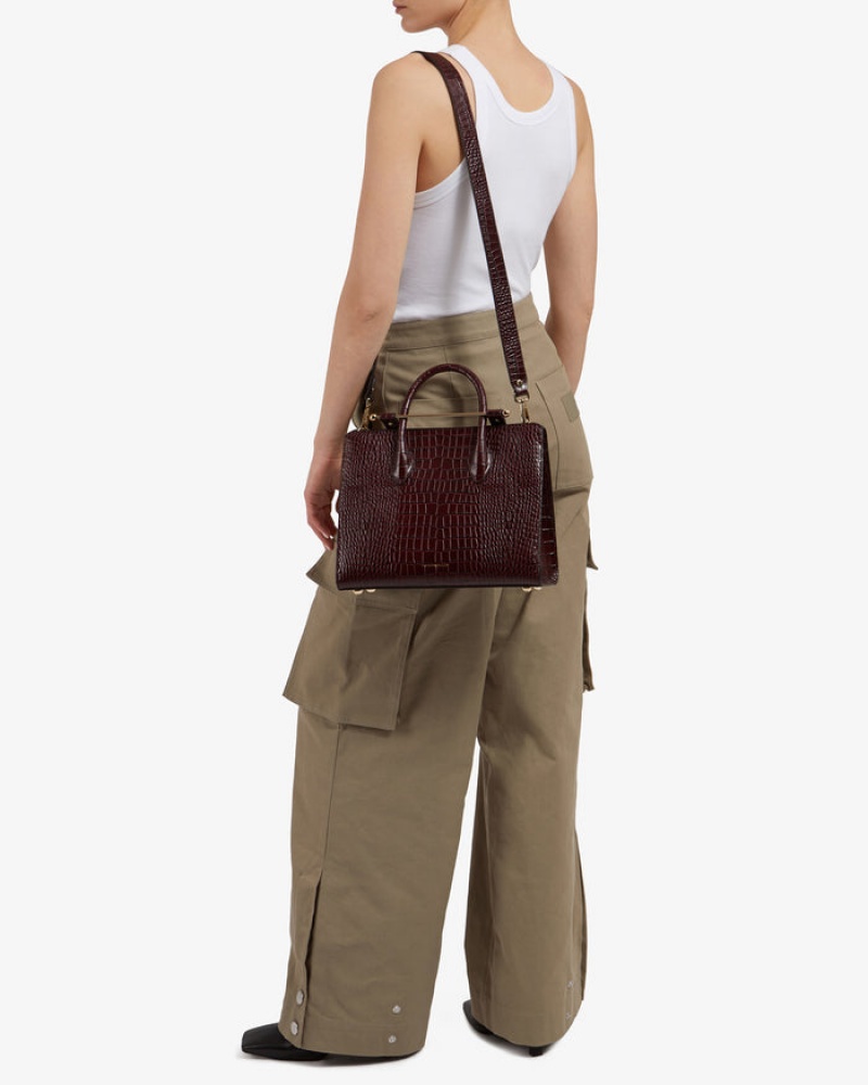 Burgundy Strathberry The Midi Tote Croc-Embossed Leather Crossbody Bag | UK XUNS-64187