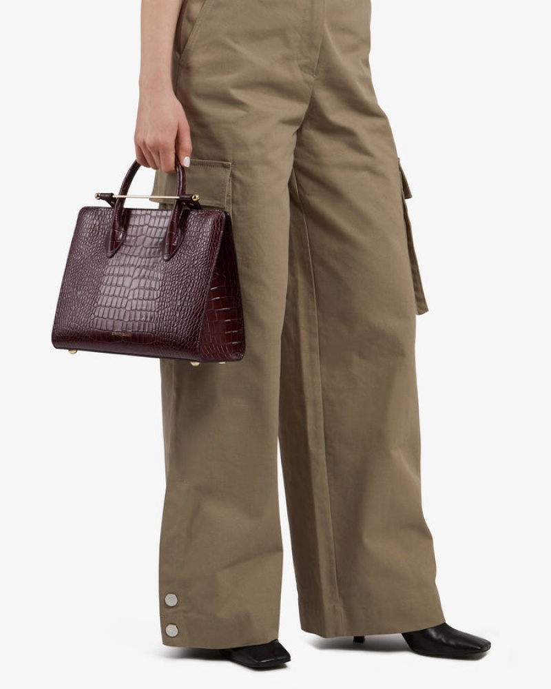 Burgundy Strathberry The Midi Tote Croc-Embossed Leather Top Handle Bag | UK VOIY-64081