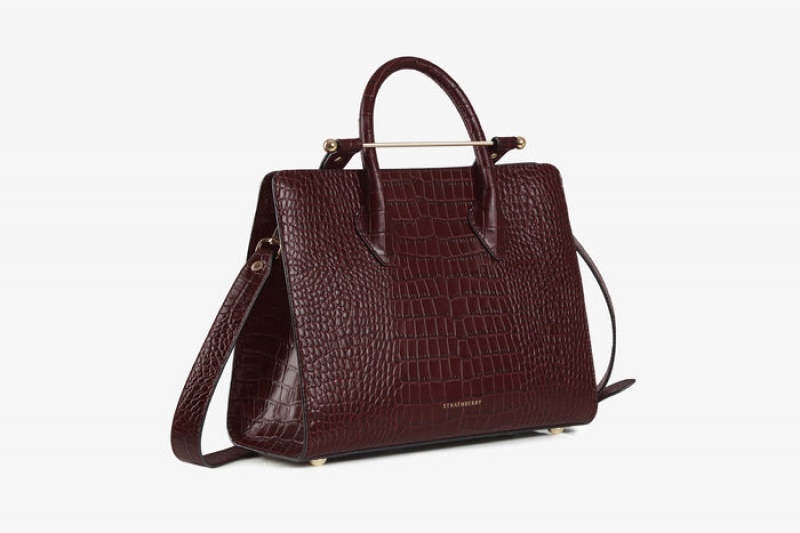 Burgundy Strathberry The Midi Tote Croc-Embossed Leather Top Handle Bag | UK VOIY-64081