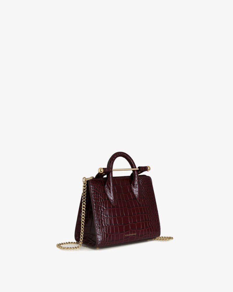 Burgundy Strathberry The Nano Tote Croc-Embossed Leather Mini Bag | UK VKRU-47132