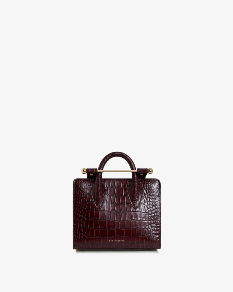 Burgundy Strathberry The Nano Tote Croc-Embossed Leather Mini Bag | UK VKRU-47132