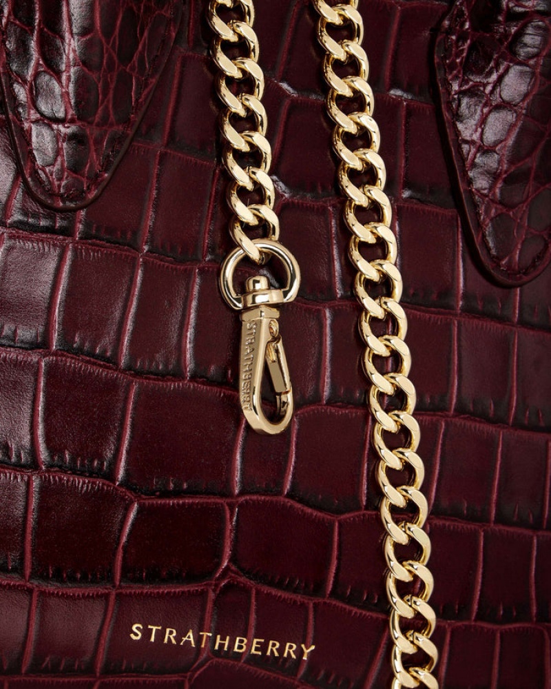 Burgundy Strathberry The Nano Tote Croc-Embossed Leather Mini Bag | UK VKRU-47132