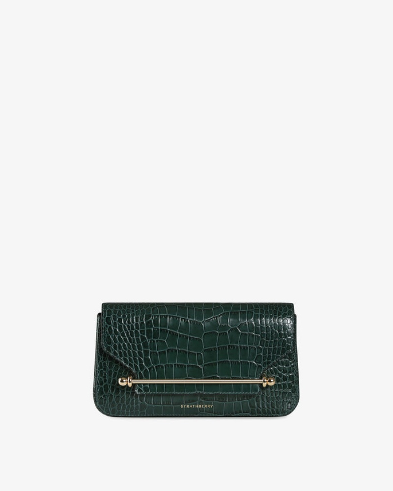 Green Strathberry East/West Omni Croc-Embossed Leather Shoulder Bag | UK AFVZ-05147