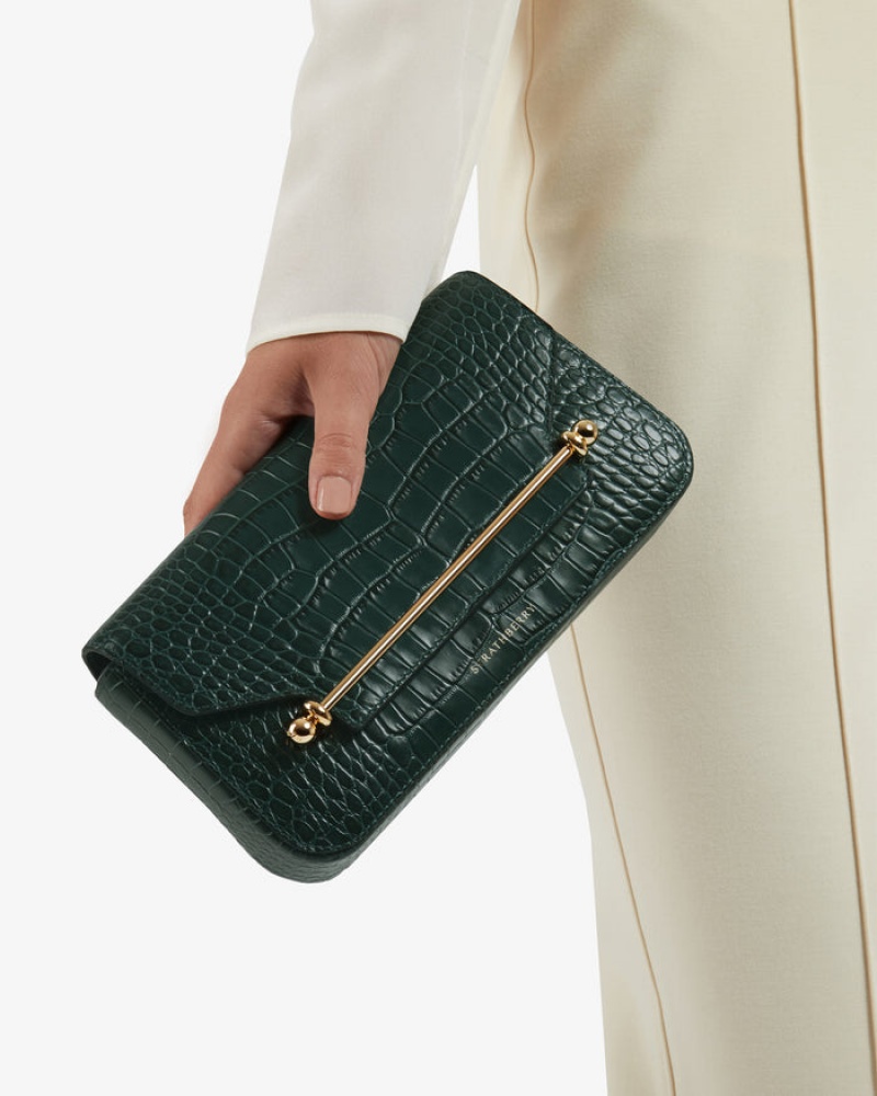 Green Strathberry East/West Omni Croc-Embossed Leather Shoulder Bag | UK AFVZ-05147