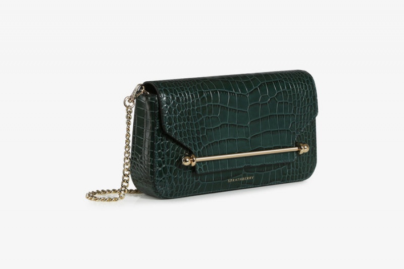 Green Strathberry East/West Omni Croc-Embossed Leather Shoulder Bag | UK AFVZ-05147