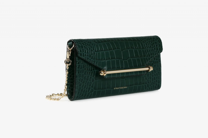 Green Strathberry Multrees Chain Croc-Embossed Leather Wallet | UK FUAX-32815