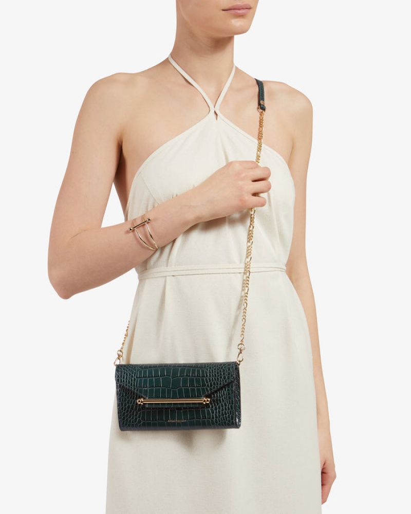 Green Strathberry Multrees Chain Wallet Croc-Embossed Leather Crossbody Bag | UK JTUH-97830