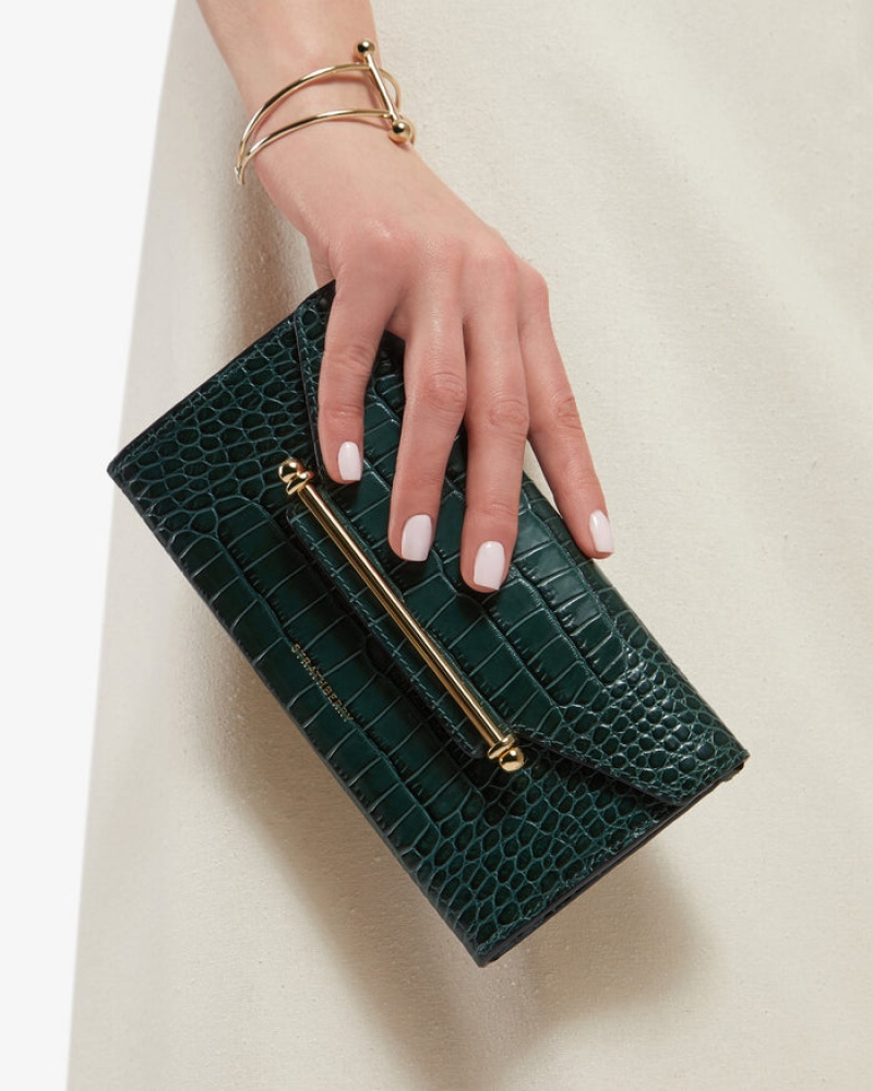 Green Strathberry Multrees Chain Wallet Croc-Embossed Leather Clutch Bag | UK YNEI-39528