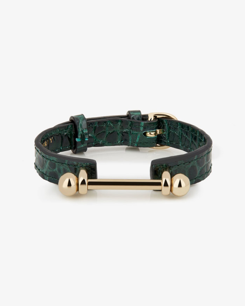 Green Strathberry Music Bar Croc-Embossed Leather Bracelet | UK JCUK-60953