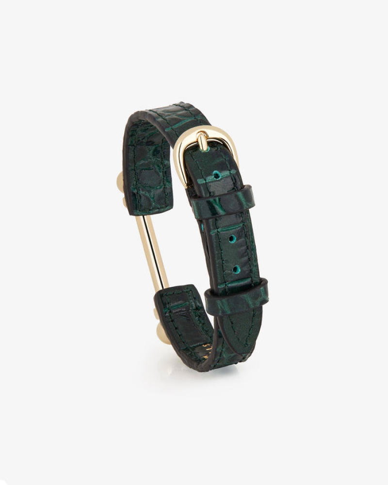 Green Strathberry Music Bar Croc-Embossed Leather Bracelet | UK JCUK-60953