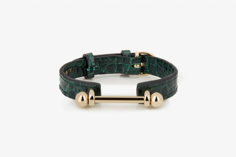 Green Strathberry Music Bar Croc-Embossed Leather Bracelet | UK JCUK-60953