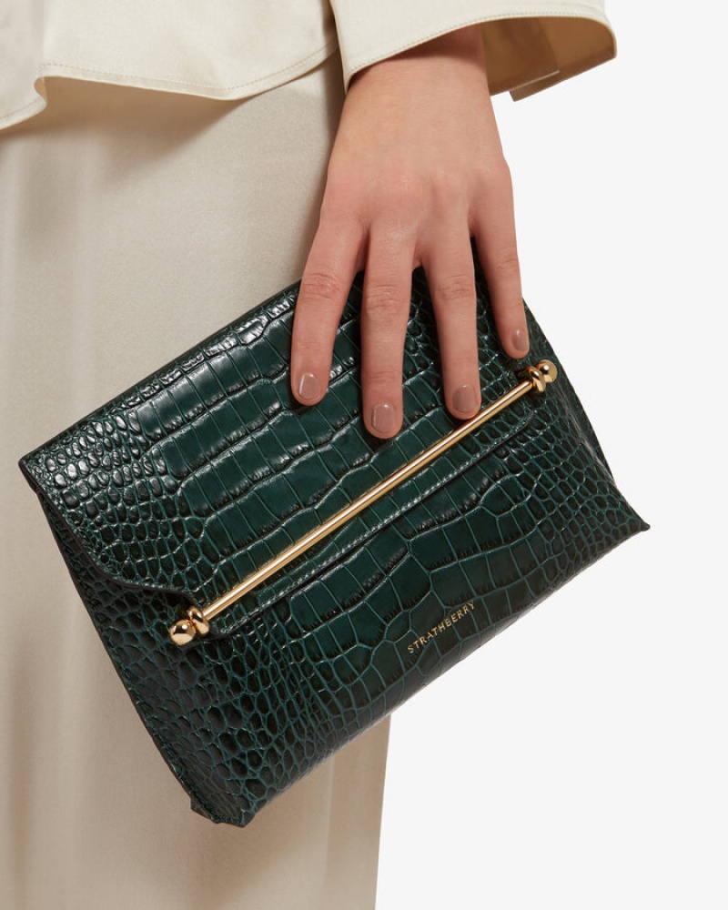 Green Strathberry Stylist Croc-Embossed Leather Crossbody Bag | UK DWMP-20849