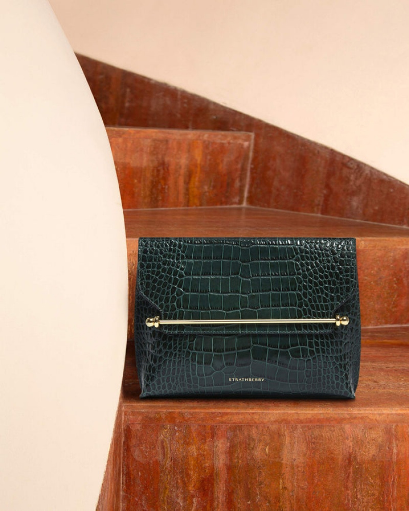 Green Strathberry Stylist Croc-Embossed Leather Crossbody Bag | UK DWMP-20849