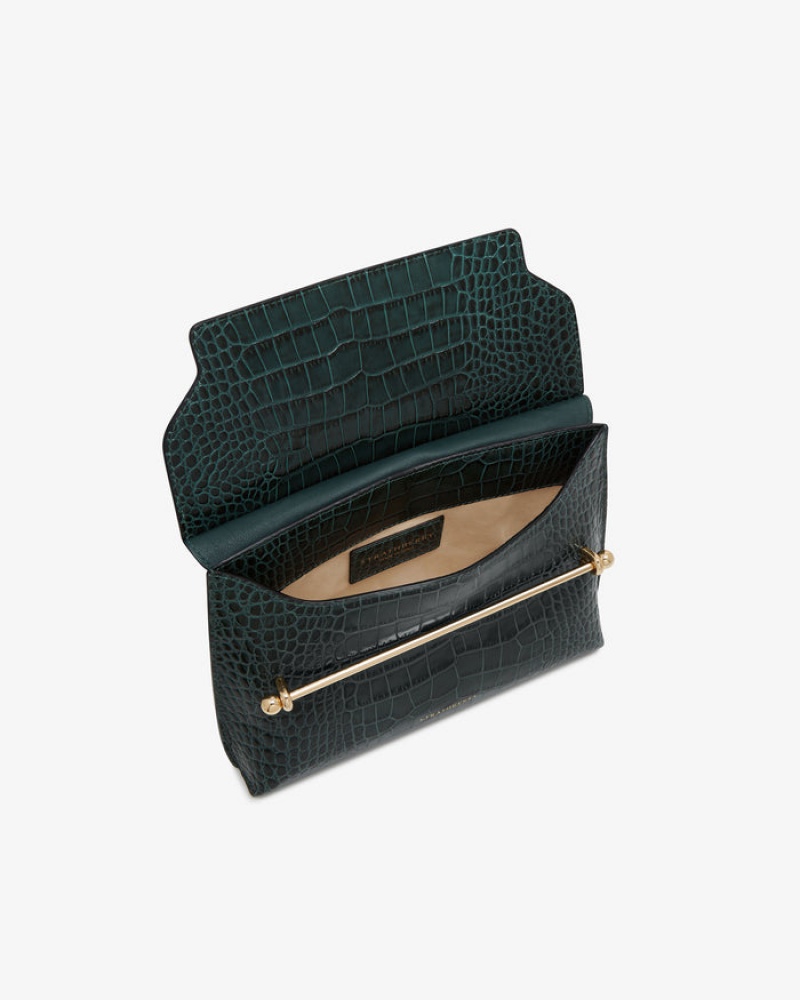 Green Strathberry Stylist Croc-Embossed Leather Crossbody Bag | UK DWMP-20849