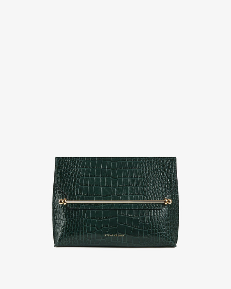 Green Strathberry Stylist Croc-Embossed Leather Clutch Bag | UK HWAJ-20587