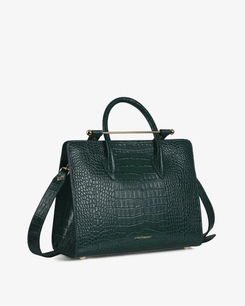 Green Strathberry The Midi Tote Croc-Embossed Leather Crossbody Bag | UK LJDY-25893