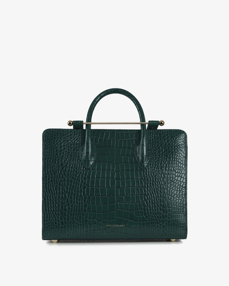 Green Strathberry The Midi Tote Croc-Embossed Leather Crossbody Bag | UK LJDY-25893