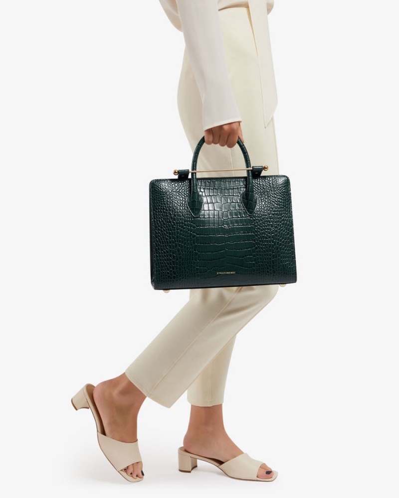 Green Strathberry The Midi Tote Croc-Embossed Leather Crossbody Bag | UK LJDY-25893