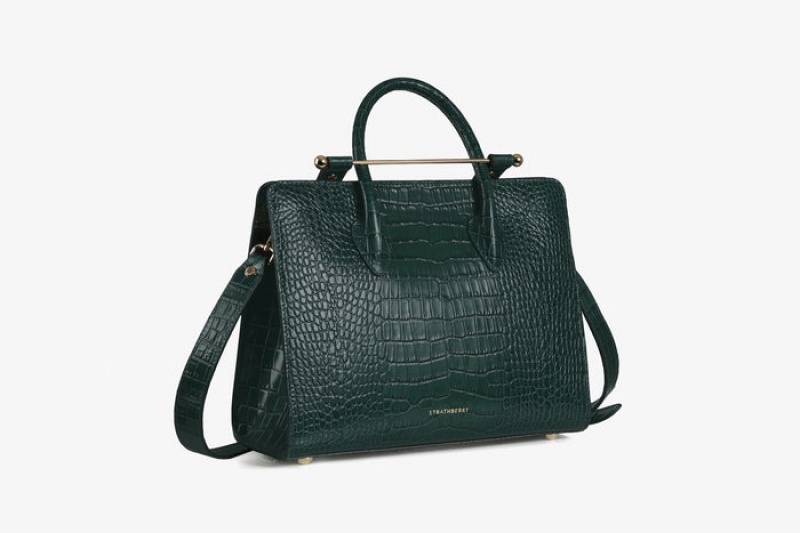 Green Strathberry The Midi Tote Croc-Embossed Leather Crossbody Bag | UK LJDY-25893