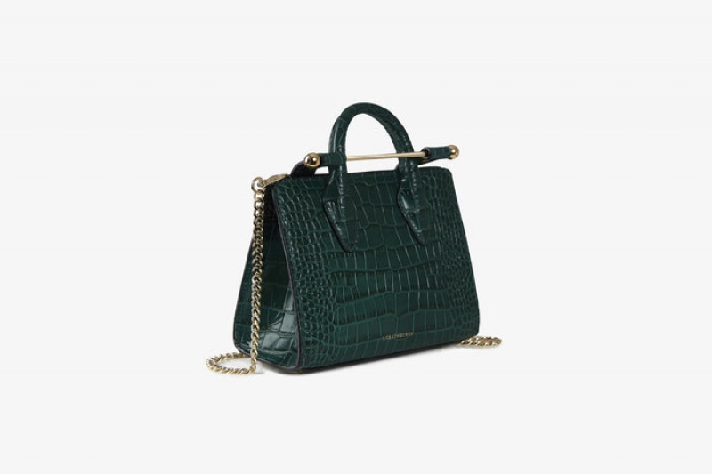 Green Strathberry The Nano Tote Croc-Embossed Leather Top Handle Bag | UK ODTG-51320