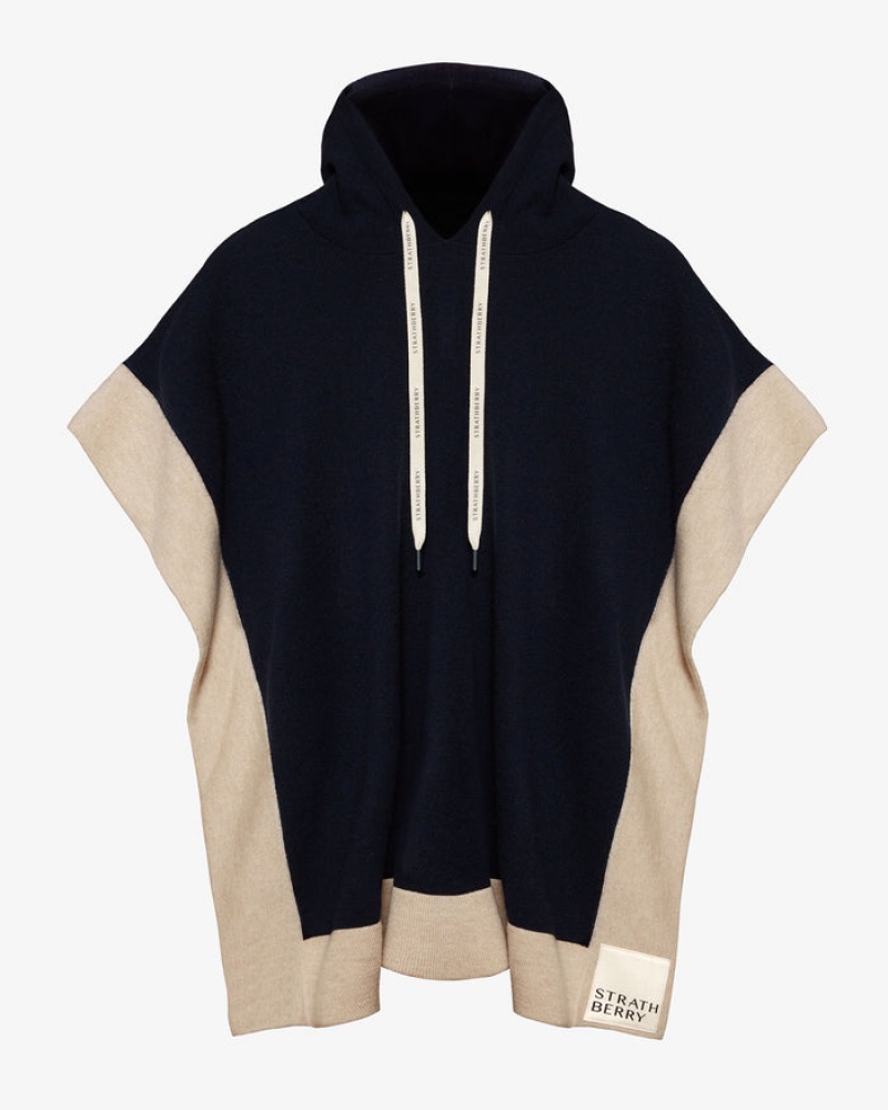 Navy Beige Strathberry Pure Cashmere Relaxed Hood Poncho | UK QXSZ-94753