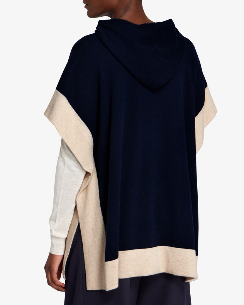 Navy Beige Strathberry Pure Cashmere Relaxed Hood Poncho | UK QXSZ-94753