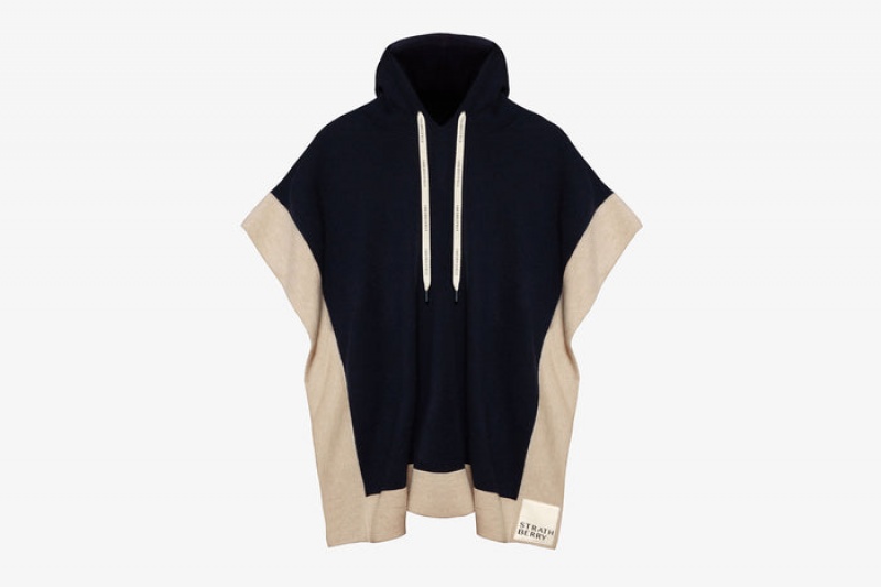 Navy Beige Strathberry Pure Cashmere Relaxed Hood Poncho | UK QXSZ-94753